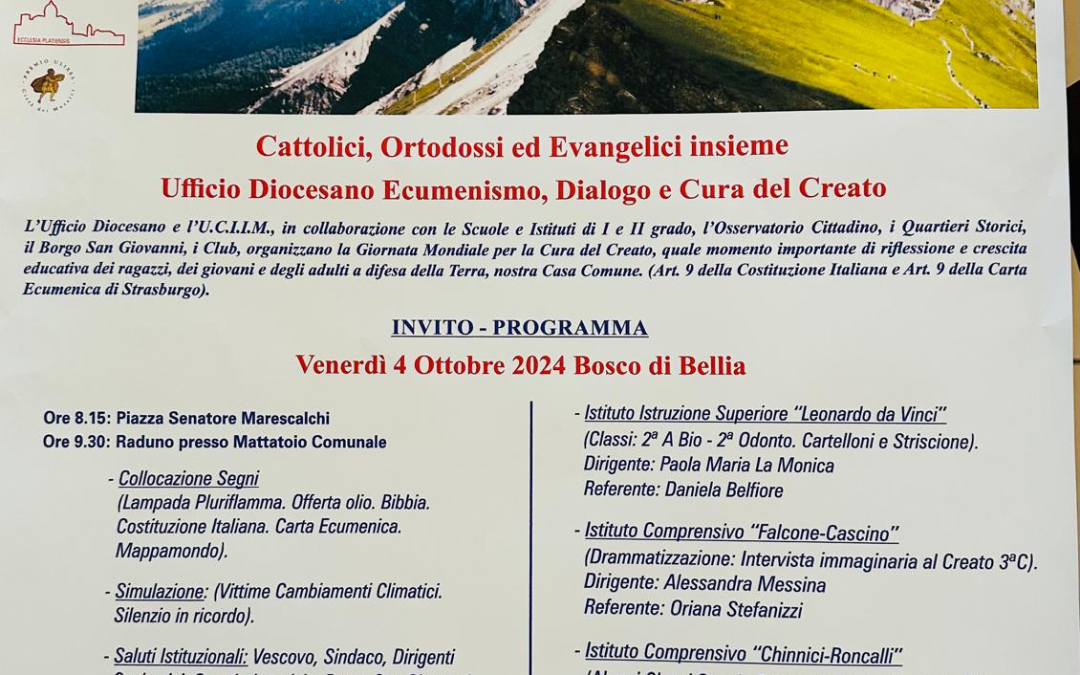 Piazza Armerina, l’Ufficio diocesano e l’UCIIM annunciano il programma per la prossima “Giornata mondiale della cura del creato”
